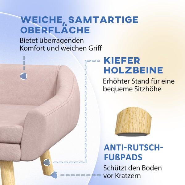 PawHut Hundesofa Katzensofa mit Rückenlehne, Hundecouch mit Holzbeine, Haustiersofa mit Kissen, Hundebett für mittelgroße und große Hunde, Samt, Rosa, 102 x 58,5 x 42,5 cm
