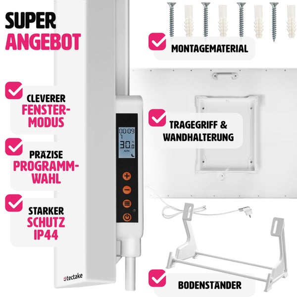 Zubehör für Heizkörper von tectake: Montagematerial, Tragegriff, Wandhalterung und Bodenständer