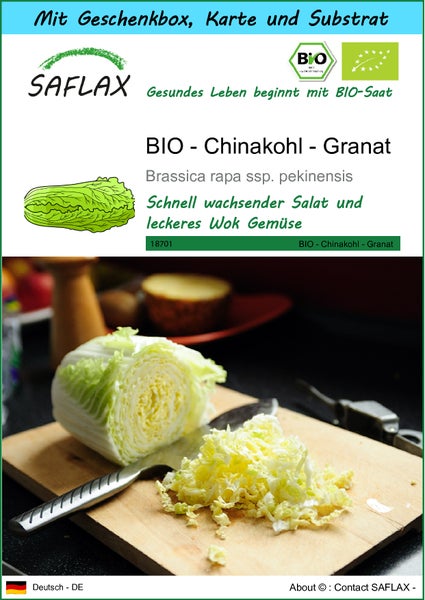 SAFLAX Geschenk Set - BIO - Chinakohl - Granat - Brassica rapa ssp. pekinensis - 40 Samen - Mit Geschenkbox, Versandaufkleber, Geschenkkarte und Anzuchtsubstrat