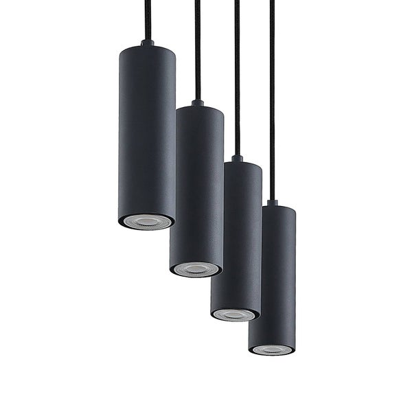 Hängelampe mit vier Lampen an einer Holzleiste