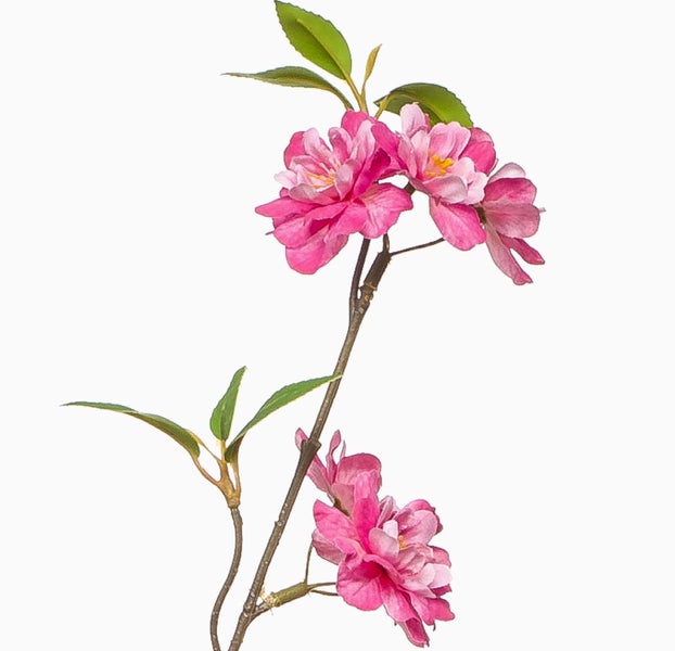 Künstlicher Kirschblütenzweig mit rosafarbenen Blüten und grünen Blättern.