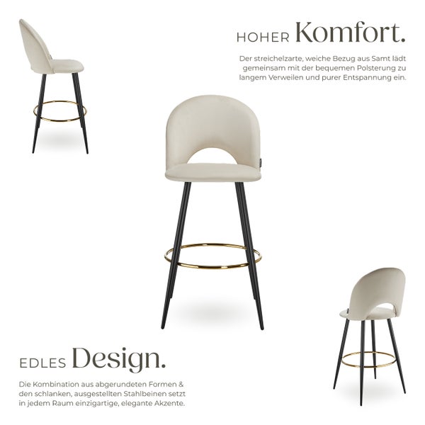 Barstuhl tectake Sachel 49 x 58 x 110 cm, Belastbarkeit 120 kg in Samtoptik, gepolstert creme/schwarz