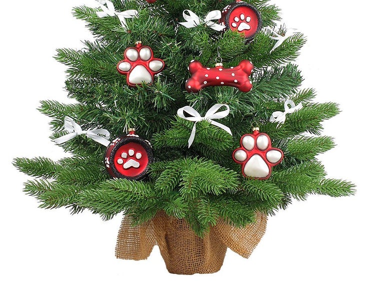 Weihnachtsbaum geschmückt mit Tierpfoten und Knochen Anhängern in einem Jutesack.
