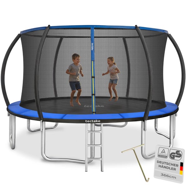Gartentrampolin von tectake mit Sicherheitsnetz und Leiter, Durchmesser 366 Zentimeter, inklusive TUEV Rheinland Zertifikat und GS Zeichen.