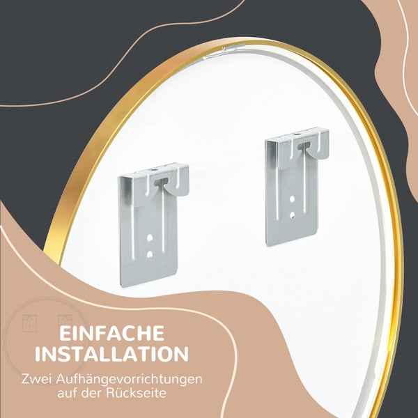kleankin Badspiegel, Runder Spiegel, Badezimmerspiegel mit Gold Metallrahmen, Ø50 cm Wandspiegel für Wohnzimmer, Schlafzimmer, Badezimmer, IP44, Gold, Alu