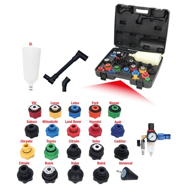 Kühlmittel-Nachfüllset mit Adaptern für verschiedene Fahrzeugmodelle, inklusive Einfülltrichter, Winkelstücke und Aufbewahrungskoffer