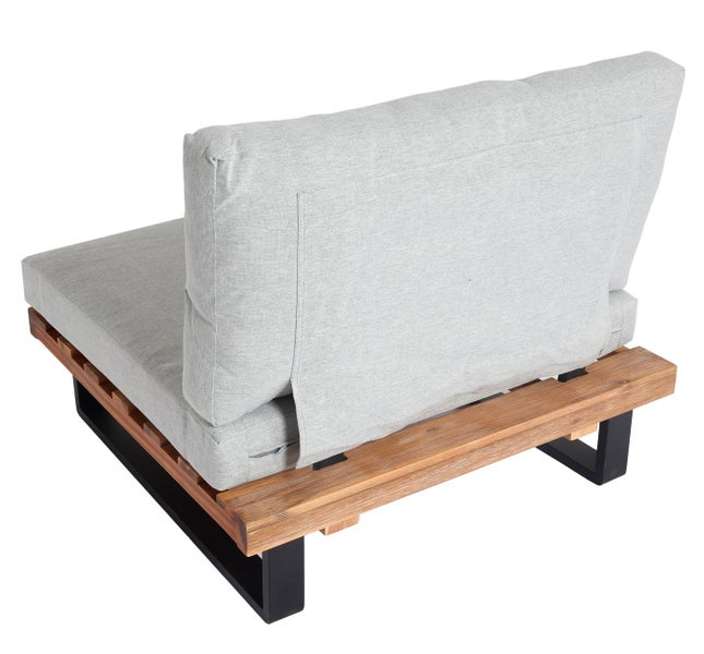 Modul eines Lounge-Sessels mit Gestell aus Holz, schwarzen Metallfüßen und grauen Polstern in der Rückansicht.