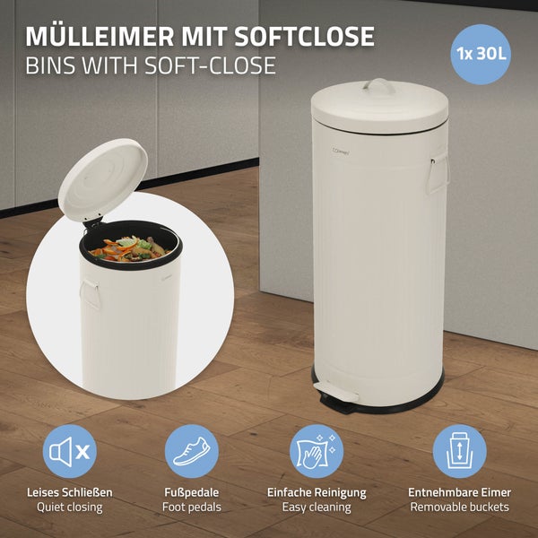 Runder Mülleimer mit 30 Liter Volumen, Softclose Deckel, Fußpedal und herausnehmbarem Inneneimer in moderner Optik.