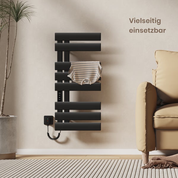 EMKE Elektrischer WLAN-Handtuchwärmer, 850×400 mm, 230W, Smart Touch & App-Steuerung, IPX5, Linksanschluss, flache Rohre, Schwarz
