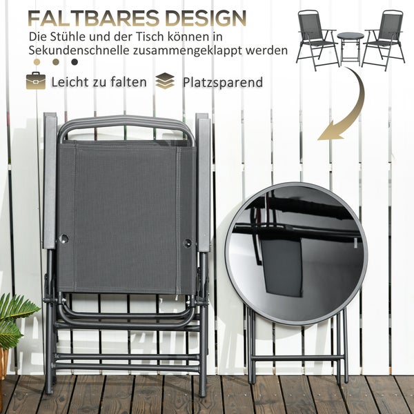 Outsunny Bistro-Set 3-teilig aus Metall Wetterfest Gartenmöbel Set mit klappbar Glastisch Gartenstühlen Outdoor Balkonmöbel Set Sitzgruppe Balkonset Gartengarnitur Dunkelgrau