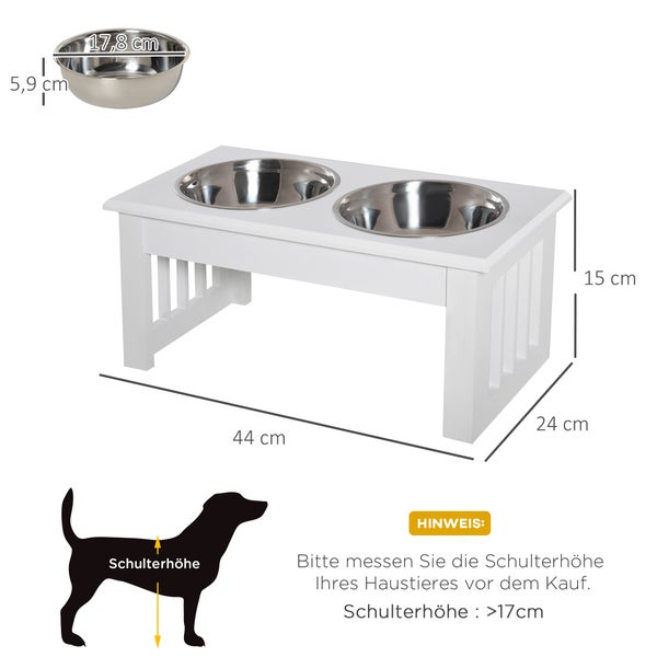 Futterstation für Hunde mit zwei Edelstahlnäpfen in weißem Holzgestell. Maße 44 mal 24 mal 15 Zentimeter. Geeignet ab 17 Zentimeter Schulterhöhe.