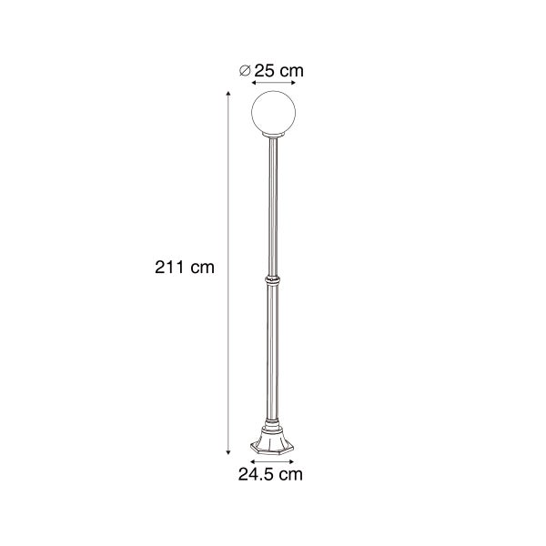 Maßzeichnung einer Außenleuchte: Kandelaber mit einer Höhe von 211 Zentimeter, Kugeldurchmesser 25 Zentimeter und Sockelbreite 24,5 Zentimeter.