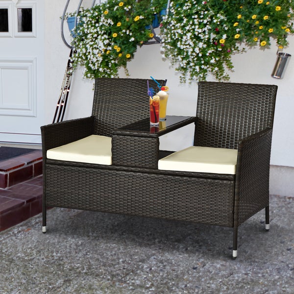 Outsunny Polyrattan Gartenbank, Sitzbank mit Tisch, B133 x T63 x H84cm, 2-Sitzer, Stahl, Braun
