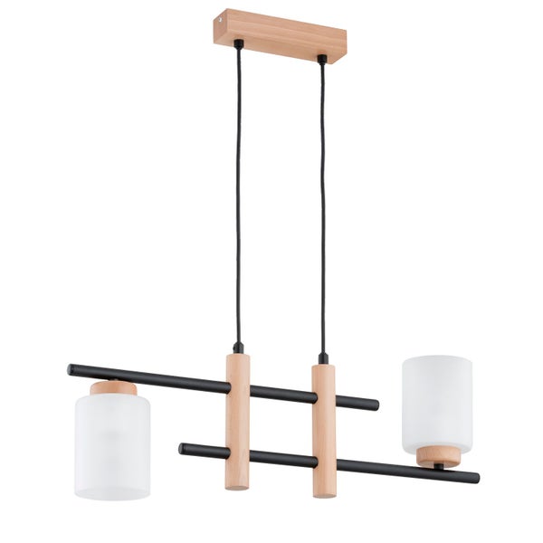 Moderne Pendelleuchte mit zwei Lichtquellen aus Holz und Metall sowie zwei zylindrischen Glasschirmen.
