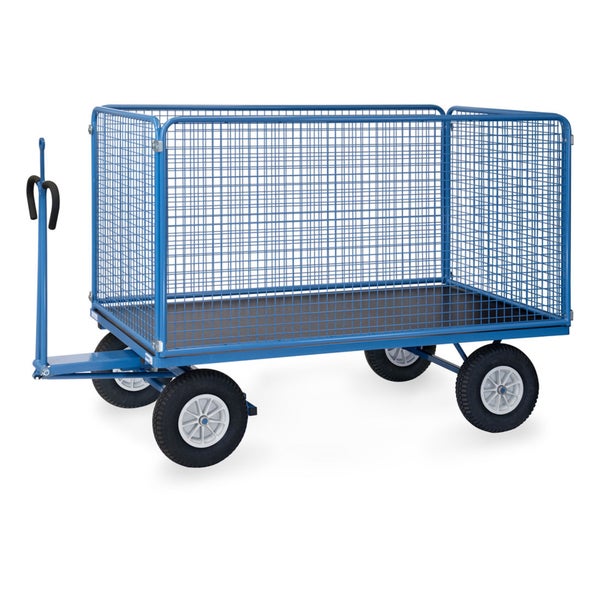 Blauer Handwagen mit hohen Gitterwänden, vier Luftreifen und einer Deichsel zum Ziehen.