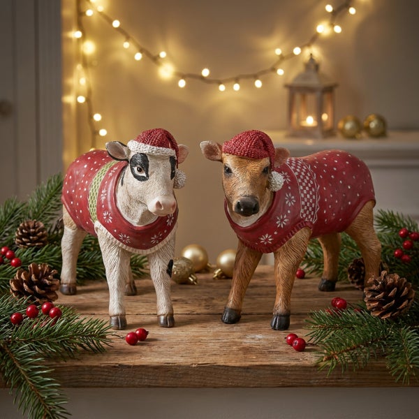 Zwei dekorative Tierfiguren als Kuh und Kalb in weihnachtlicher Kleidung mit Mützen auf einem Holztisch mit Tannenzweigen und Lichterkette.