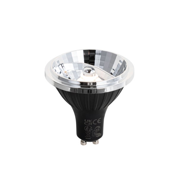 GU10 LED-Reflektorlampe mit schwarzem Gehäuse und silbernem Reflektor.