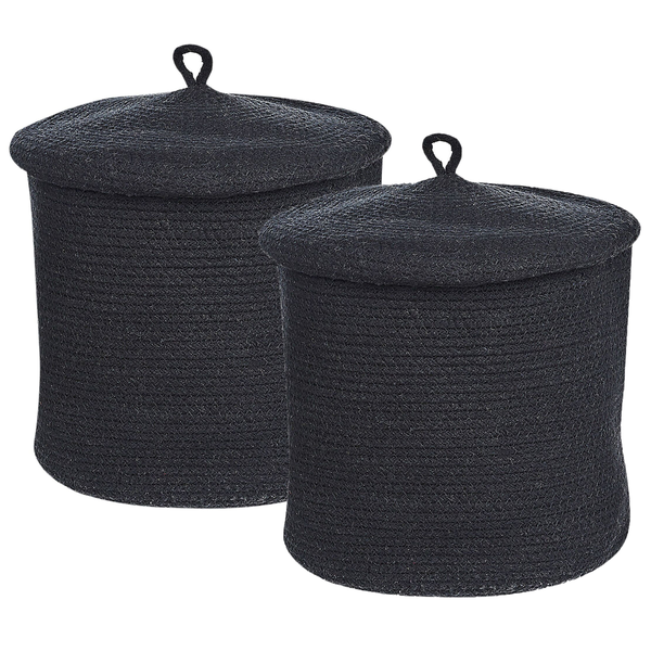 Zwei schwarze Aufbewahrungskörbe aus Kordel mit Deckel