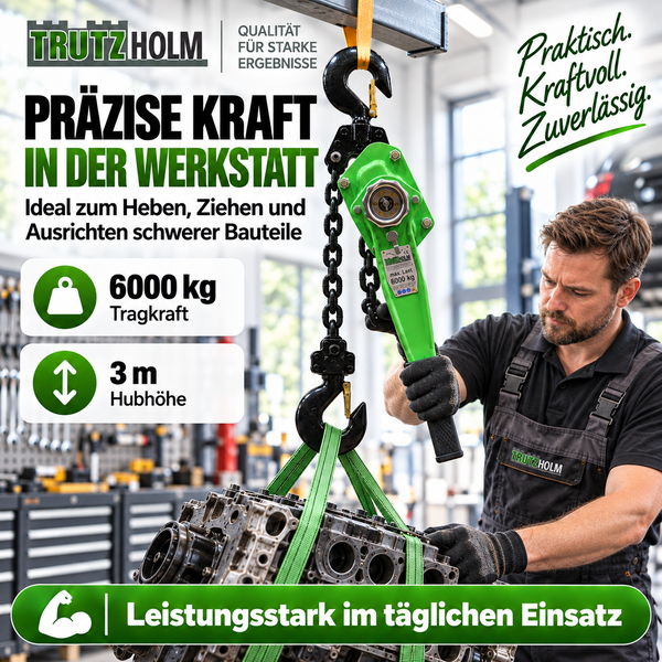 Trutzholm Hebelzug mit 6000 Kilogramm Tragkraft und 3 Meter Hubhöhe beim Heben eines Motors in einer Werkstatt