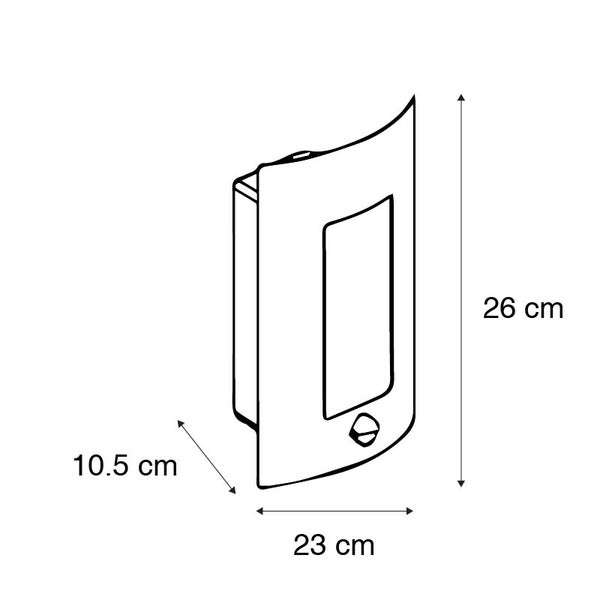 Maßzeichnung einer gebogenen Außenwandleuchte mit Sensor. Höhe 26 Zentimeter, Breite 23 Zentimeter, Tiefe 10,5 Zentimeter.