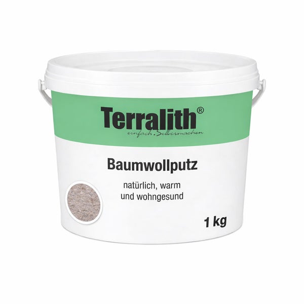 Terralith Baumwollputz im 1 Kilogramm Eimer für natürliche Wandbeschichtungen.