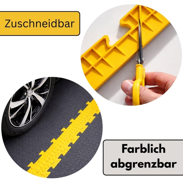 Zuschneidbare Garagenbodenfliese aus Kunststoff und farbliche Bodenmarkierung unter einem Autoreifen.