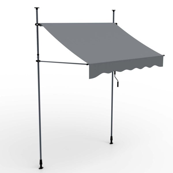 Graue Klemmmarkise mit Handkurbel und verstellbaren Teleskopstangen aus Metall.