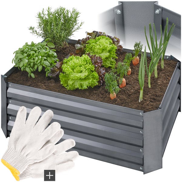 Hochbeet aus Metall mit Gemüse und Gartenhandschuhen