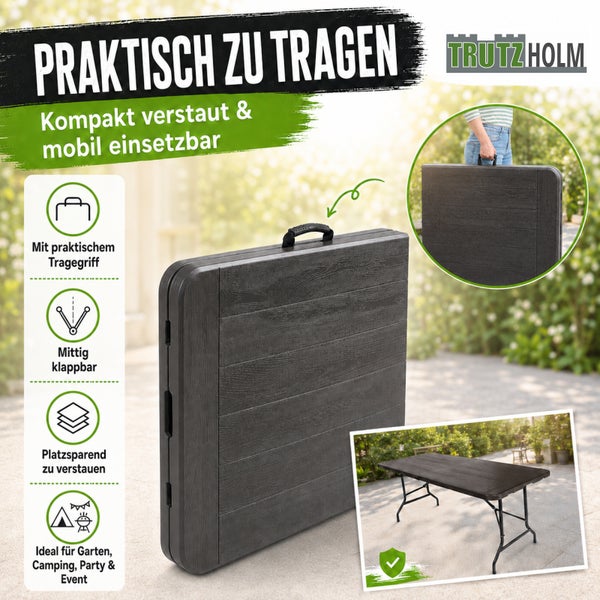 Zusammenklappbarer Trutzholm Campingtisch mit Tragegriff in Holzoptik, ideal für Garten, Camping und Partys.