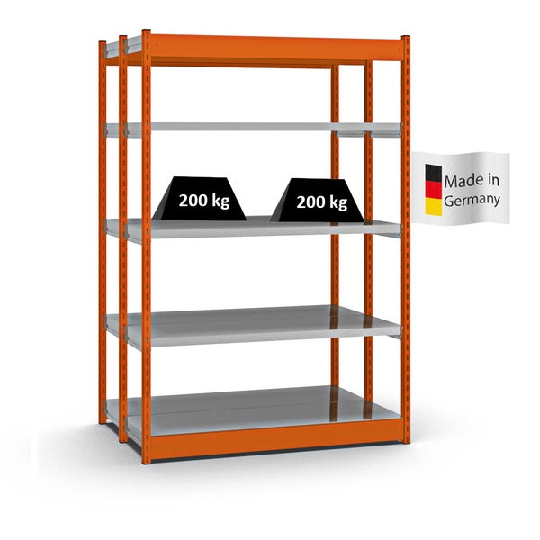 PROREGAL Fachbodenregal Stecksystem Vierkant-Profil Grundregal HxBxT 200 x 132,5 x 40 cm 2x5 Ebenen Doppelseitige Bauart Fachlast 200 kg Orange