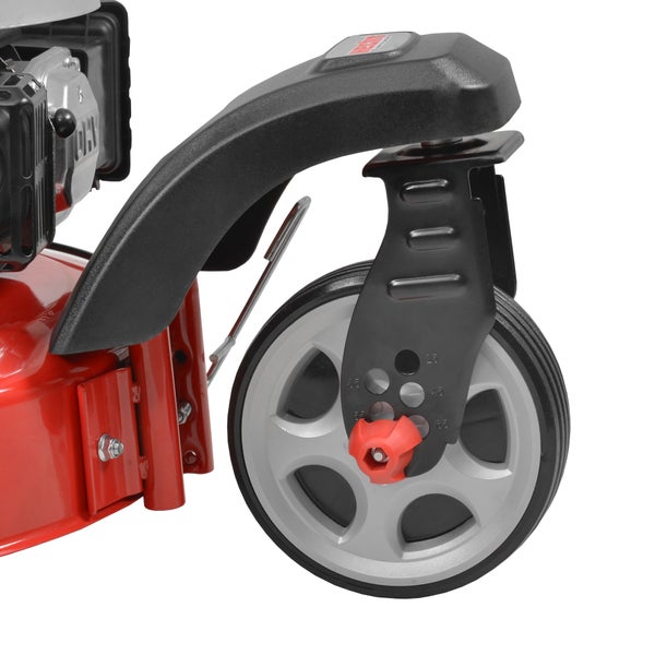 Detailansicht Rasenmäherrad mit rotem Verstellknopf