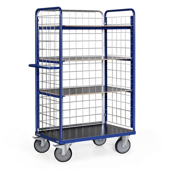 Blauer Gitterwagen mit vier Regalböden und Rollen