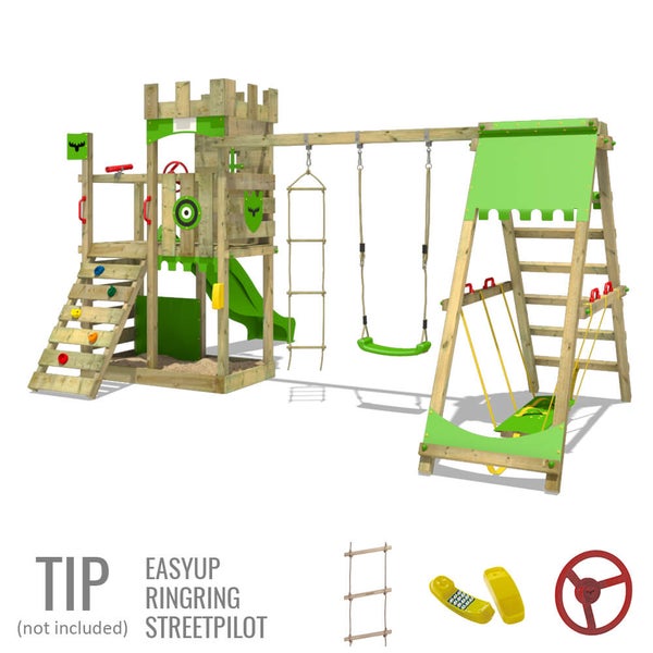 Fatmoose Spielturm Klettergerüst BoldBaron mit Surfanbau, Doppelschaukel und Rutsche  – apfelgrün