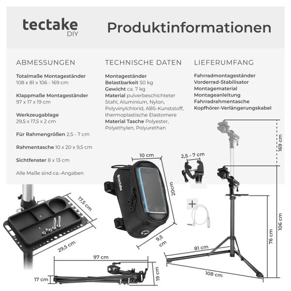 Produktinformationen zum tectake Fahrrad Montageständer mit Werkzeugablage, Rahmentasche und Zubehör, inklusive Maßangaben