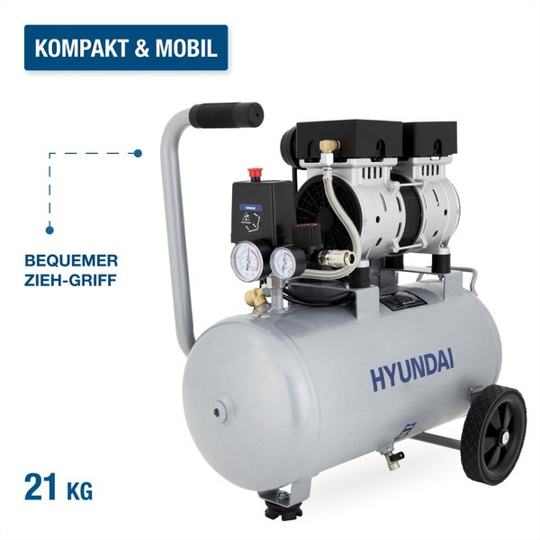 Mobiler Hyundai Luftkompressor mit Ziehgriff, zwei Manometern und einem Gewicht von 21 Kilogramm.