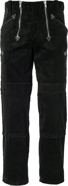 Schwarze Zunfthose aus Trenkercord mit doppeltem Reißverschluss und Knieverstärkungen.