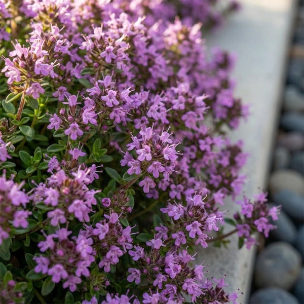 Blühender Thymian als Bodendecker mit kleinen rosa Blüten und grünen Blättern im Garten.