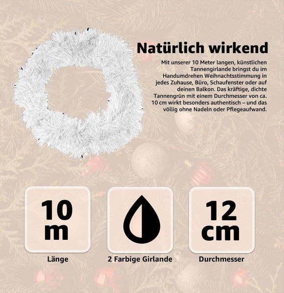 Dekorative, künstliche Tannengirlande mit einem Durchmesser von 12 cm und einer Länge von 10 Metern