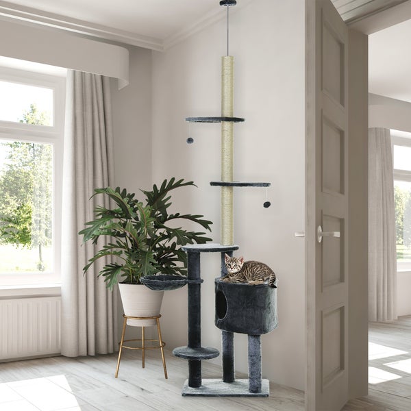 PawHut Kratzbaum Deckenhoch Höhenverstellbar 220-265cm Katzenbaum mit Sisalsäulen, Spielball, Höhenverstellbarer Katzenkratzbaum, Katzen Kletterbaum mit Katzenbett, Katzenhaus, Dunkelgrau