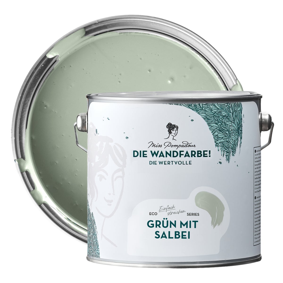 MissPompadour edelmatte Wandfarbe 2.5L Grün mit Salbei - sehr hohe Deckkraft - geruchsneutrale, spritzfreie Farbe - atmungsaktive, wasserbasierte Innenfarbe/Deckenfarbe - Die Wertvolle