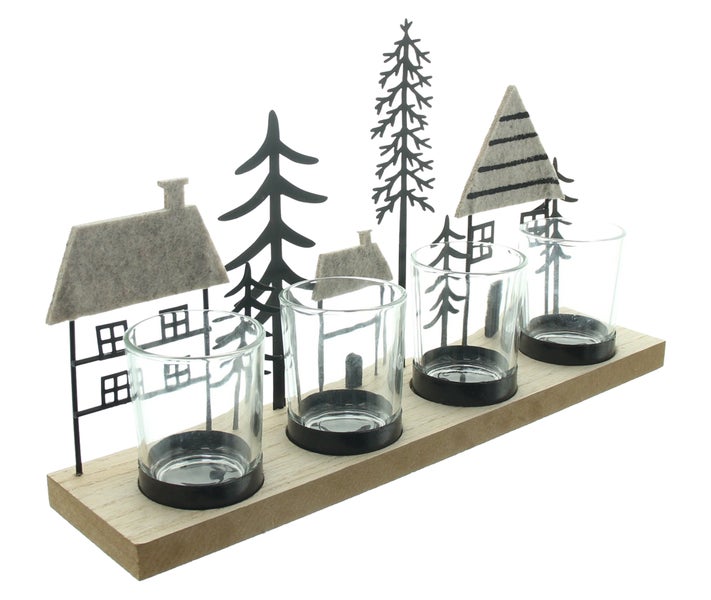 Dekorative Teelichthalter mit Haus- und Baumdesign auf Holzsockel