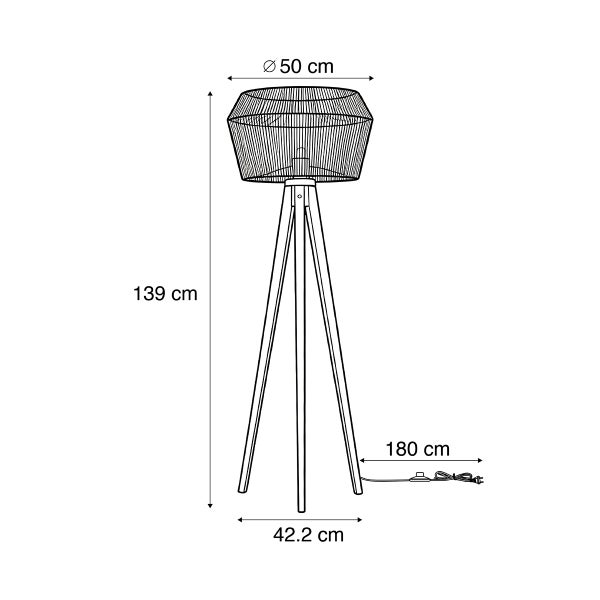 Maßzeichnung einer Dreibein-Stehleuchte: Höhe 139 Zentimeter, Durchmesser 50 Zentimeter, Breite 42,2 Zentimeter, Kabellänge 180 Zentimeter.