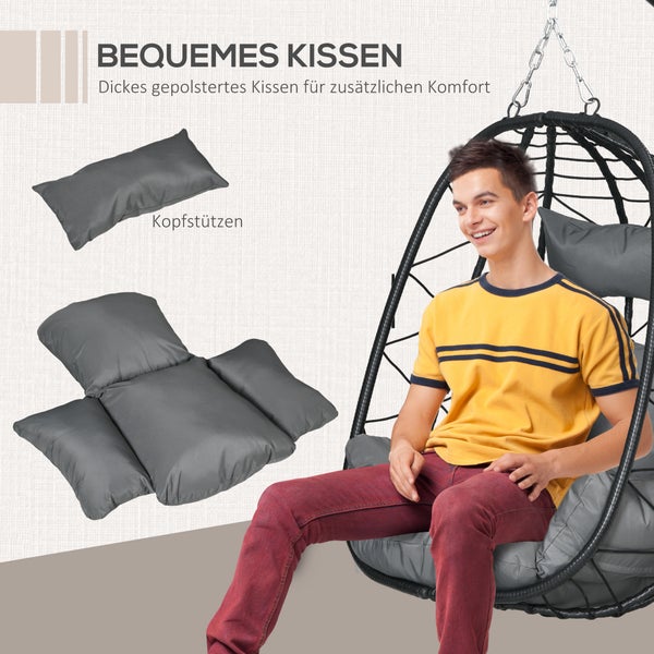 Hängesessel mit Gestell und Maßen.