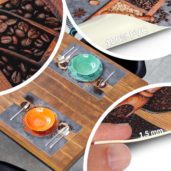 Tischset aus 100 Prozent PVC mit Kaffeemotiv, Stärke 1,5 Millimeter, auf Holztisch mit Schalen und Besteck.