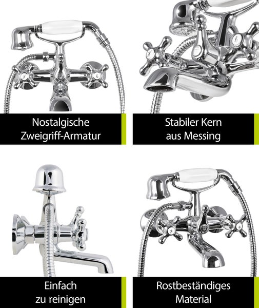 aquaSu® Zweigriffmischer Athenas für Wanne inklusive Brausegarnitur | Wasserhahn Retro | Umsteller Badewannenarmatur | Wannenbatterie | Nostalgische Zweigriffarmatur | Kreuzgriffe | Chrom | 768023