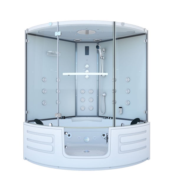 Moderne weiße Duschkabine mit Badewanne, Glastüren, Kopfbrause, Handbrause und Massagedüsen.