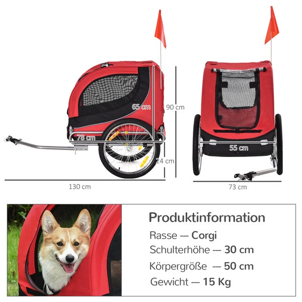 PawHut Fahrradanhänger, L130 x B73 x H90 cm, 600D Oxford, Stahlrohr, Rot+Schwarz