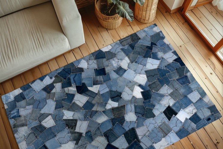 Ein rechteckiger Teppich im Patchwork Design aus Jeansstoff Elementen liegt auf einem Holzboden in einem hellen Wohnbereich.