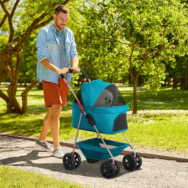 PawHut Hundewagen 3 in 1 Hundebuggy Faltbar Hundebox, klappbar Transporttasche mit Getränkehalter, Hunde Buggy, Katzenwagen mit 360° Räder Katzenbuggy für Mini Hunde unter 4 kg, Türkis