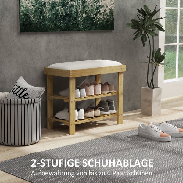 HOMCOM Schuhbank mit Sitzfläche, Bambus Sitzbank mit Stauraum, Schuhregal mit 2 offene Fächer, Sitzbank, Bank, Garderobenbank für Wohnzimmer, Flur, 60 x 29 x 49 cm Cremeweiß